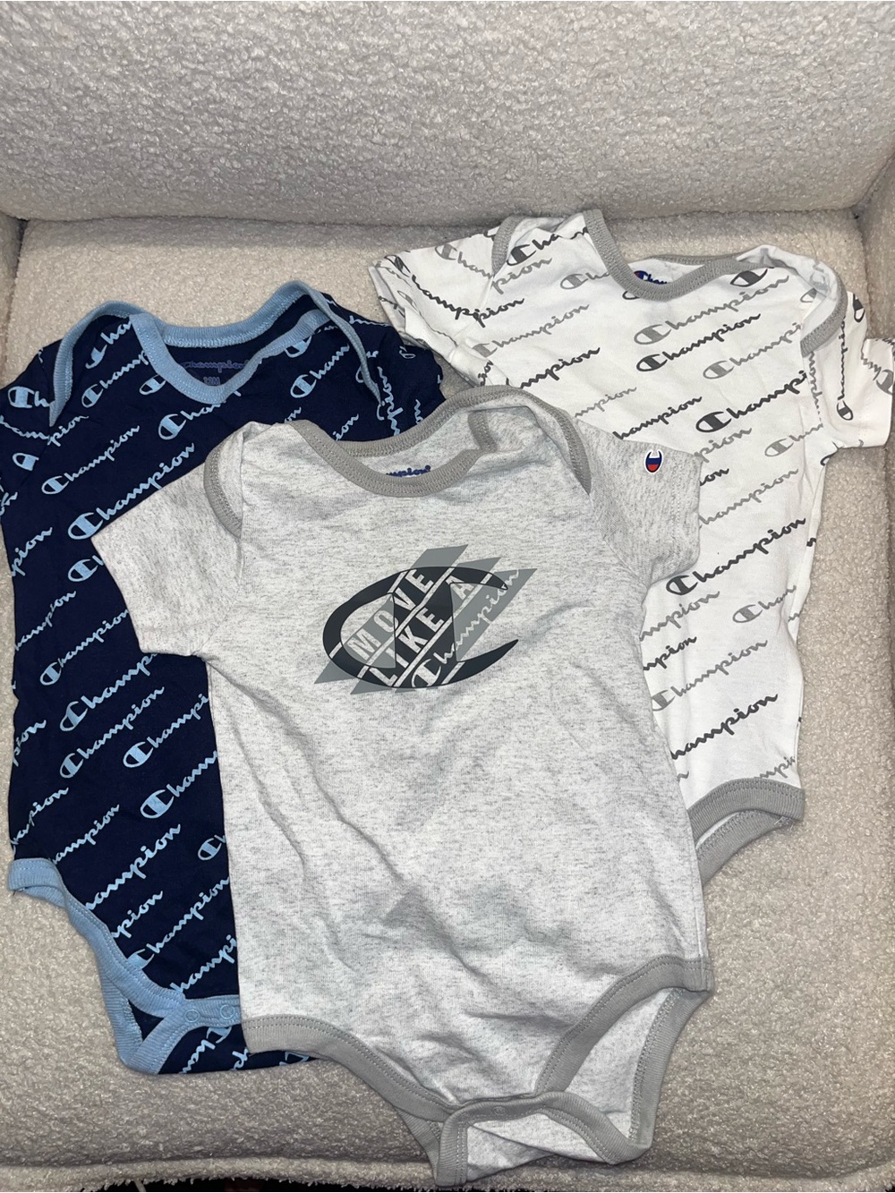 Champion Baby One-Piece Bodysuit Trio - Navy, White, Gray size 12M